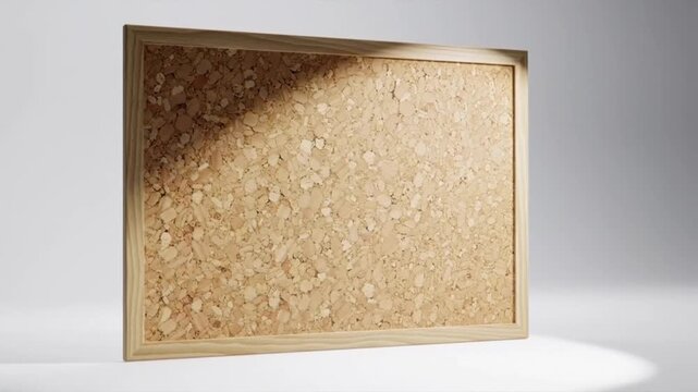 Close-up of a rectangular corkboard with a wooden frame, illuminated by sunlight.
