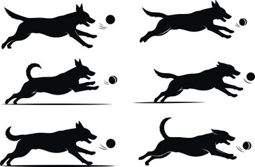 Dog silhouettes vector set, playful pet chasing ball, active puppy artwork, running animal illustration, black design, lifestyle activity, domestic canine fun collection