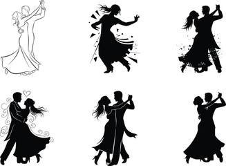Dancing couple silhouettes vector set, ballroom dance, tango illustration, romantic artwork, lifestyle design, wedding dance, black artwork, love relationship, performance collection