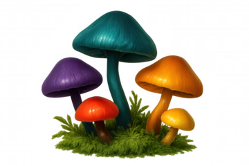 Colorful mushrooms sprouting from verdant grass, showcasing diverse hues against translucent backdrop