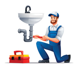 Plumber fixing a sink drain with a wrench, kneeling with a toolbox nearby. Vector cartoon illustration