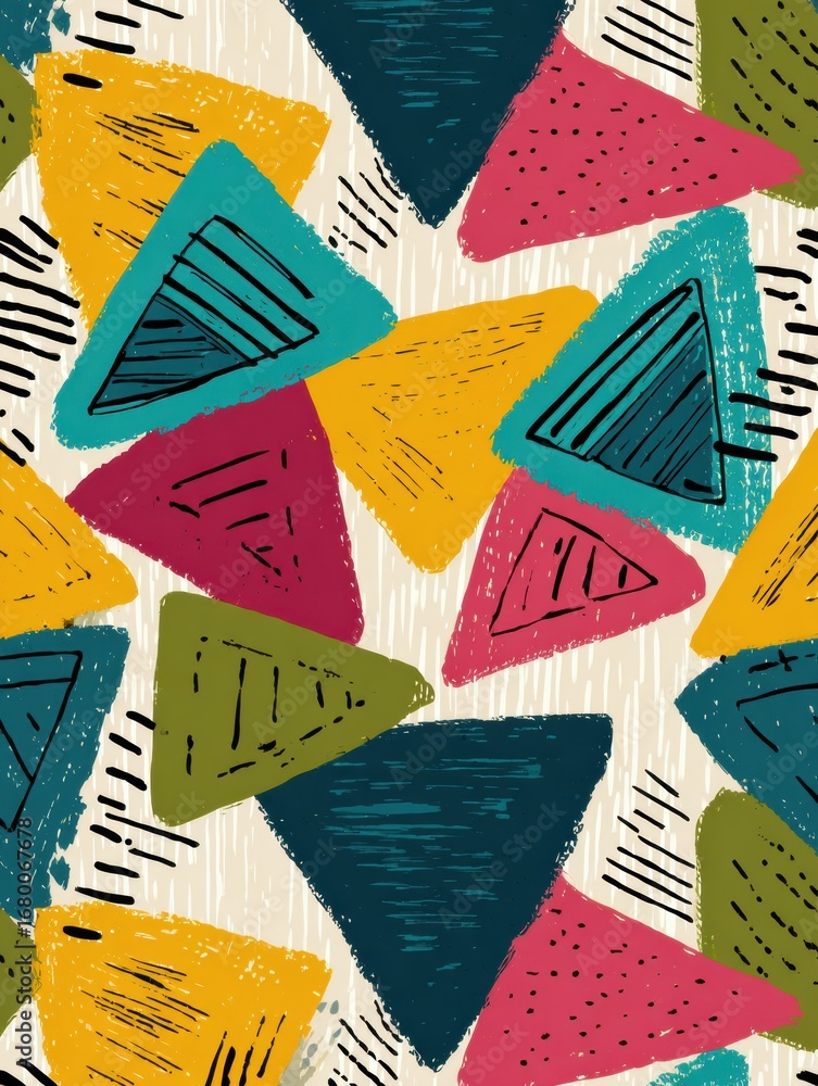 Poster colorful abstract triangles create a vibrant pattern on a light background, showcasing a playful des