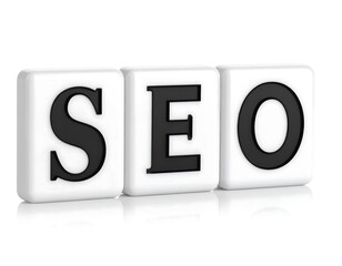 Three white blocks with black letters spelling SEO