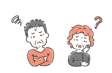 困っている高齢の男性・疑問に思っている高齢女性（シンプル）
