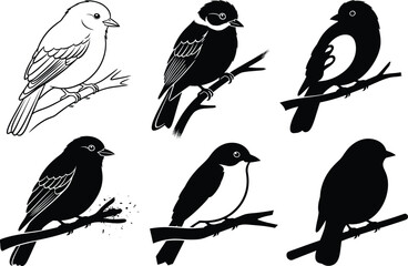 Bird silhouettes vector set, perched on branches, songbird illustration, wildlife design, black artwork, nature icon, forest animal, avian clipart, flying creature collection