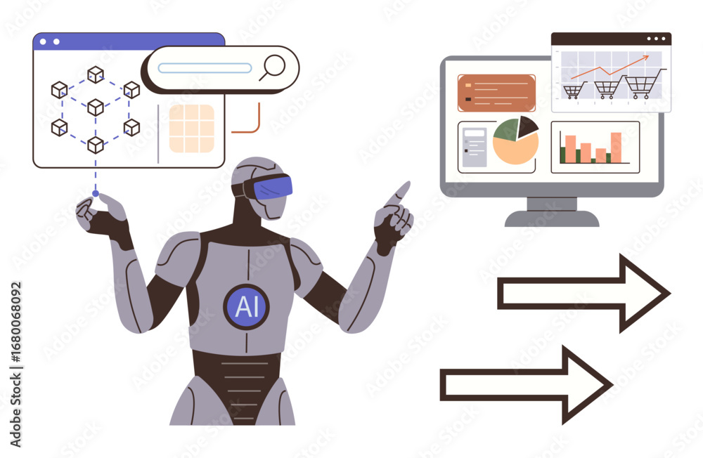 Aufkleber humanoid robot interacting with data charts, network maps, and analytics dashboards. ideal for techn