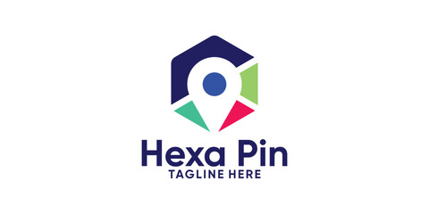 logo design hexagon and pin map,location,point,local,design modern creative.
