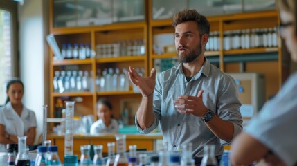 Male professor teaching in college science lab