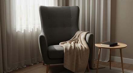 Gray high-back armchair with tufted upholstery and wooden legs positioned near sheer white curtains with natural light streaming in, beige knitted blanket draped over the armrest, 