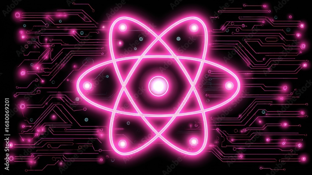 Poster neon pink atom graphic with circuitry design on black background representing technology and science