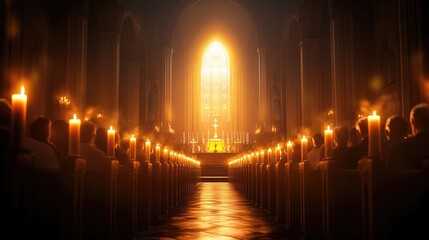Prayer ceremony gothic cathedral religious event illuminated environment peaceful viewpoint spiritual reflection