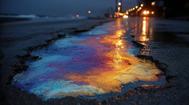 Oil slick reflects colorful light on pavement near street lights at night.