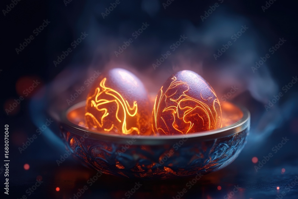 Poster intriguing glowing eggs mysterious dark setting digital art enchanted atmosphere close-up view fanta