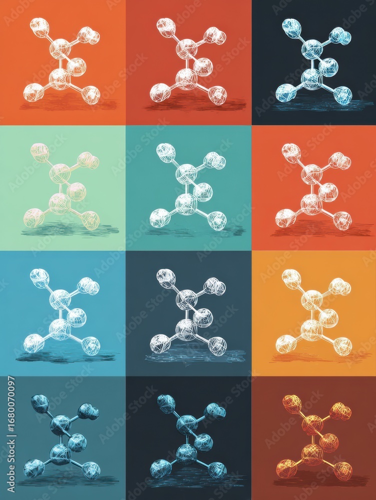 Poster colorful abstract representation of molecular structures displayed in a grid layout showcasing diffe