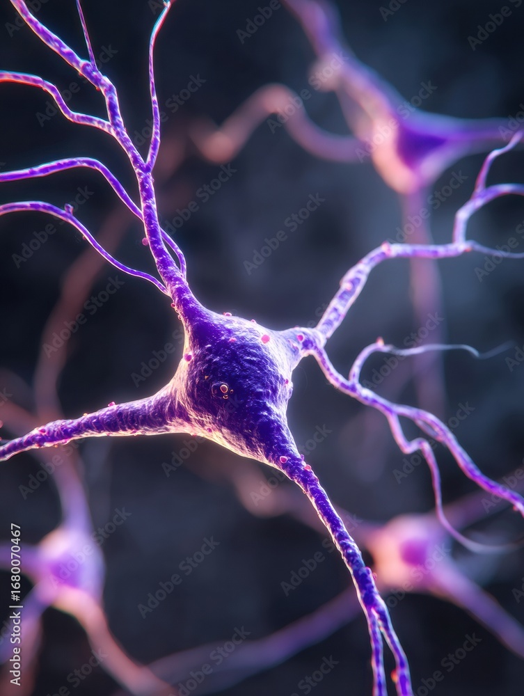 Poster neurons in detail showcasing synaptic connections and electrical signals in a vibrant close-up view