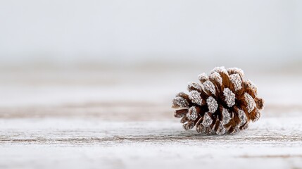 Minimalist Frosted Pine Cone on White Wooden Surface