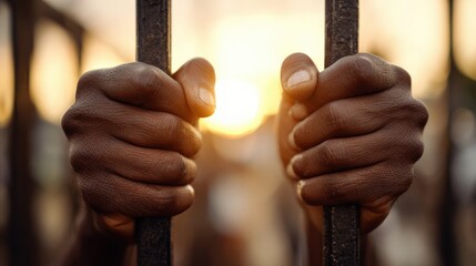 Hands Gripping Prison Bars with Dramatic Light and Tension