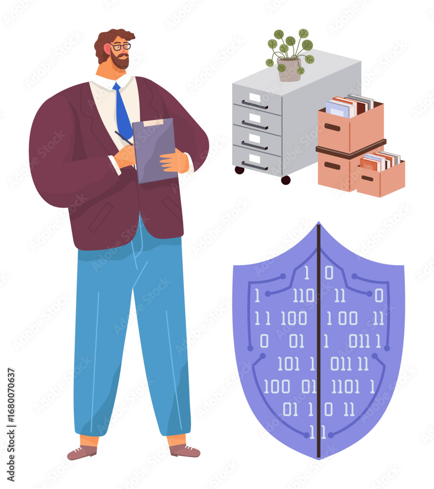 Aufkleber professional holding a clipboard stands near file cabinets, folders, and a shield with binary code. 