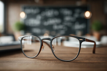 Close-up of glasses reflecting a chalkboard full of mathematical formulas and equations, sharp focus, dim classroom lighting, realistic textures