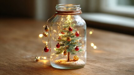 Charming Miniature Christmas Tree Encased in Clear Glass Jar with Warm White Lights Evoking Cozy Holiday Spirit and Festive Joy