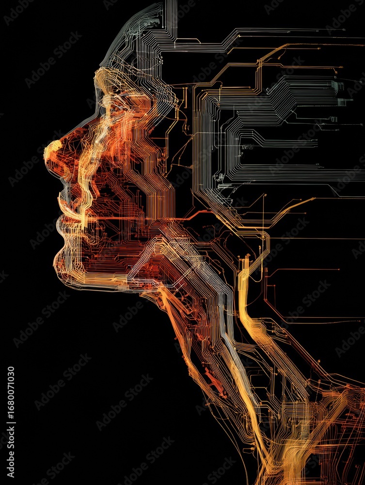 Poster exploration of human identity through digital art featuring intricate circuit patterns and a silhoue