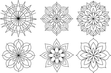 Elegant floral mandala line designs, symmetrical flower patterns, abstract geometric vector art, minimal decorative elements, clean outline style illustration