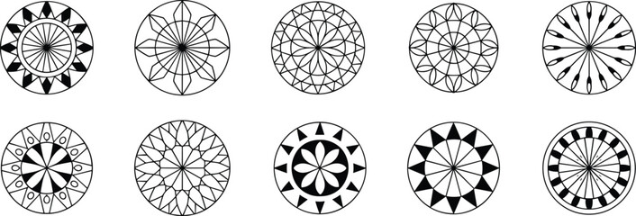 Geometric circle mandala designs, abstract symmetrical patterns, minimal floral icons, black and white decorative symbols, vector ornament set