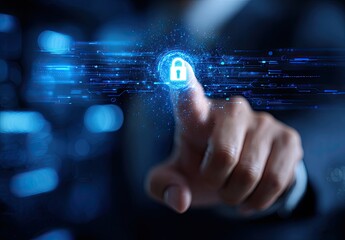 Hand interacting with a digital lock icon, overlaid with tech elements