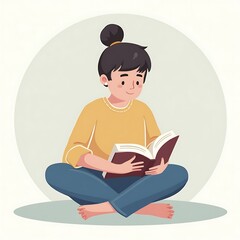 Woman Reading Book While Sitting Cross-legged Cartoon Style