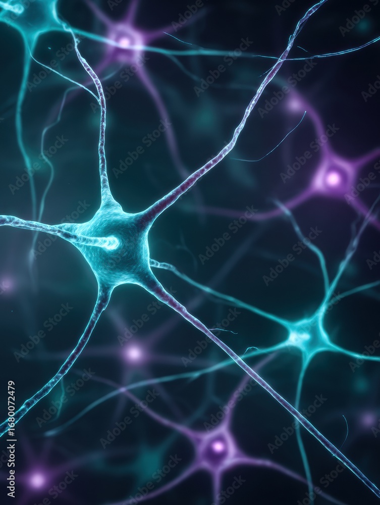 Poster neurons displaying vibrant colors with intricate structures in a dark background, illustrating the c