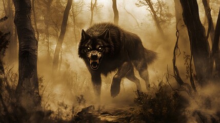 Menacing wolf-like beast snarling with glowing eyes in a fog-shrouded forest, poised to pounce in a dark fantasy nightmare.