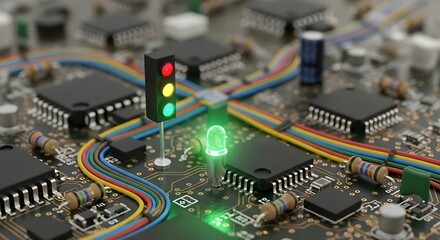 Green Light Go - Miniature Traffic Signal on a Glowing Tech Circuit Board.