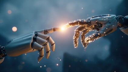Two robotic hands nearly touching, sparks fly between their fingertips