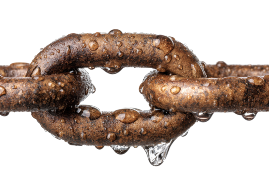 Rusted Chain Link with Water Droplets on Transparent Background