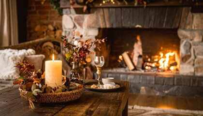 Cozy autumn scene with fireplace, candle, and fall decor