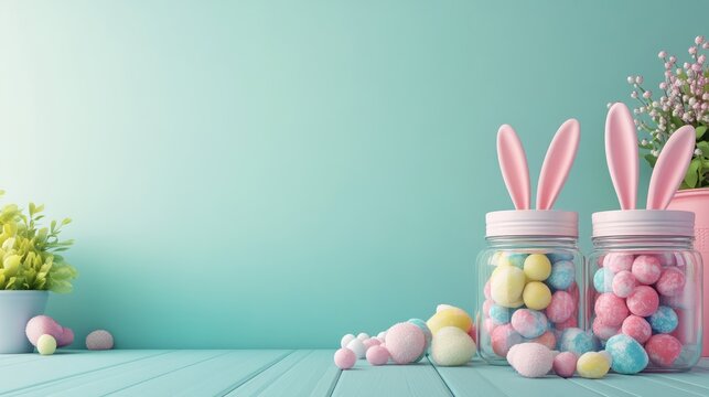 Easter celebration spring decor colorful candy jars indoor setting close-up view festive atmosphere