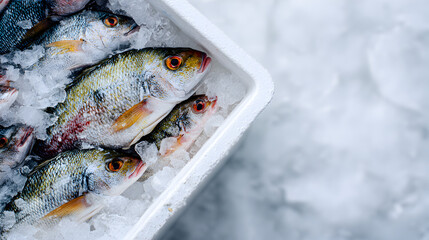 Frozen fish in white box seafood storage and cold preservation concept
