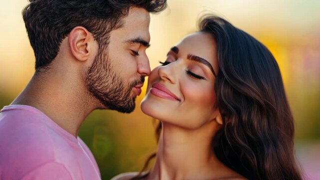 Indian love couple man and woman leaning for kissing at nature park 