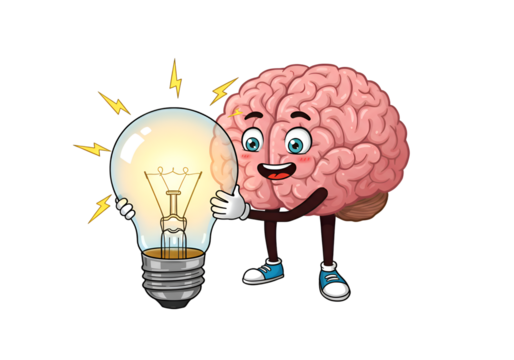 Brilliant Idea: Cartoon Brain with Lightbulb on white background