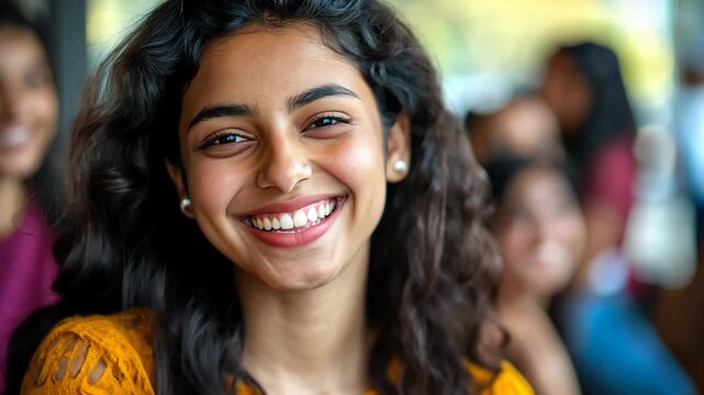 young Indian school girl smiling with other people as background at school cafeteria 