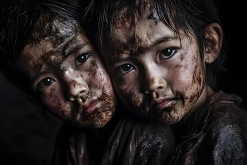 Two dirt-streaked children huddle in darkness, dramatic light tracing their determined gazes and gritty skin, evoking resilience, solidarity, and a childhood forged by hardship.