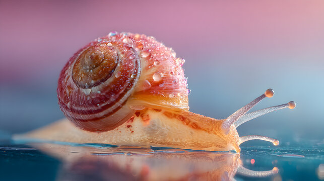 Close up of pink snail shell with spiral pattern exotic mollusk macro photography
