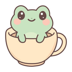Cute Kawaii Frog in Coffee Cup – Adorable Cartoon Animal Illustration
