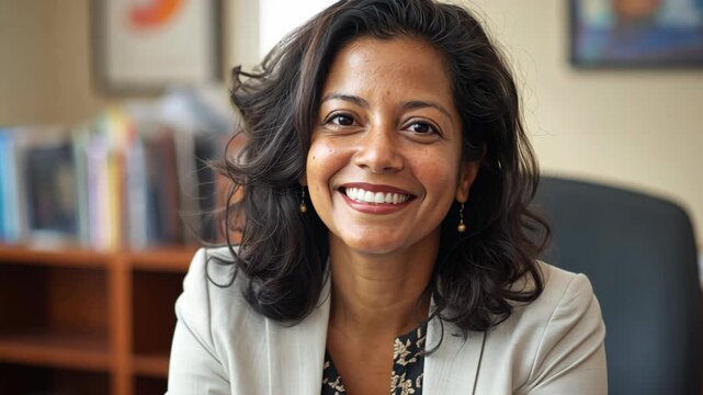 middle age Indian female professor smiling at her desk at college 
