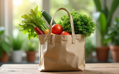 Eco-friendly bag filled with fresh vegetables and greens for healthy eating and sustainable lifestyle choices. High quality