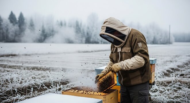 Beekeeper Working in a Frosty Field.