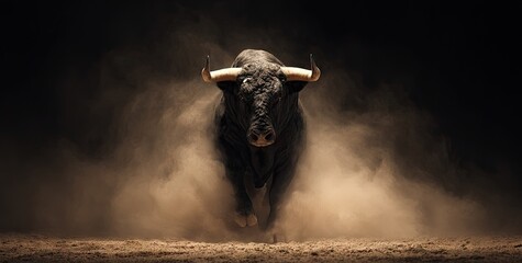 Powerful black bull charging through dust, dark background