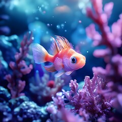 Flamboyant cartoon fish with flame-like fins shimmers in a vibrant reef, its expressive eyes and ornate appendages glowing in soft blue light.