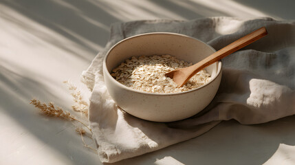 Healthy bowl of oatmeal porridge with wooden spoon wholesome breakfast concept
