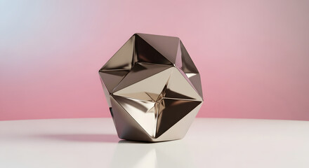 Geometric metal sculpture with complex facets and reflective surface on pink background with